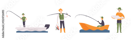 Man Fishing Catching with Rod and Rubber Boot Vector Set