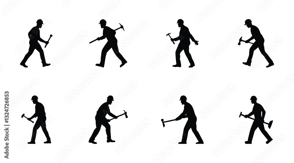 Construction Worker Silhouette Set: Hammering and Digging Actions for Industry Design Construction Worker Silhouette Set: Hammering and Digging Actions for Industry Design