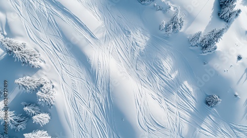 Aerial perspective of ski tracks crisscrossing a white mountain landscape, showing patterns in the snow. photo