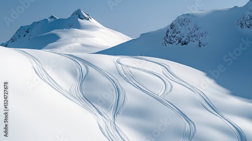 Aerial perspective of ski tracks crisscrossing a white mountain landscape, showing patterns in the snow.