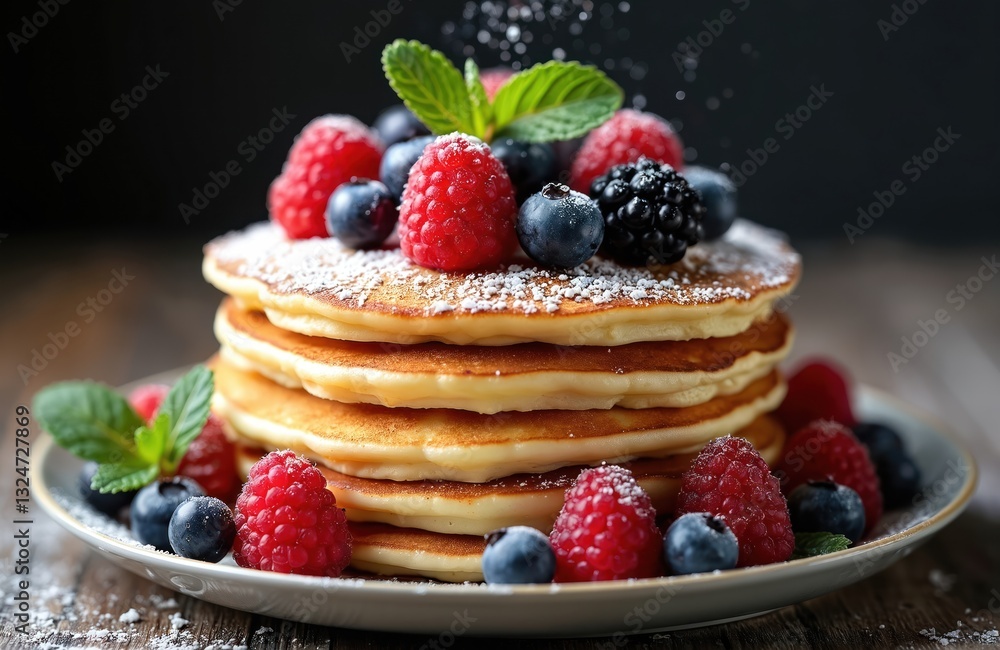 High stack of tasty pancakes with fresh raspberries, blueberries, blackberry and green mint leaf on plate. Powdered sugar is topping cake. Delicious breakfast dessert on wood table. High stack of tasty pancakes with fresh raspberries, blueberries, blackberry and green mint leaf on plate. Powdered sugar is topping cake. Delicious breakfast dessert on wood table.
