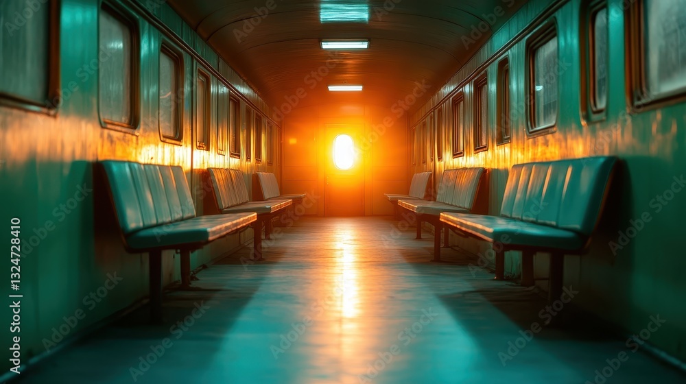 An empty train corridor illuminated by a warm sunset glow, the perspective creates a sense of anticipation or hope, evoking feelings of nostalgia and tranquility. An empty train corridor illuminated by a warm sunset glow, the perspective creates a sense of anticipation or hope, evoking feelings of nostalgia and tranquility.