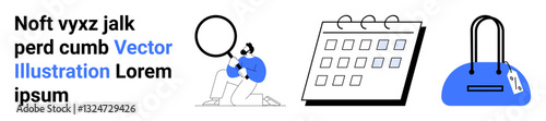 Man with magnifying glass examining text, calendar with spirals, and blue handbag with tag. Ideal for research, calendar planning, retail, e-commerce, time management, shopping online stores