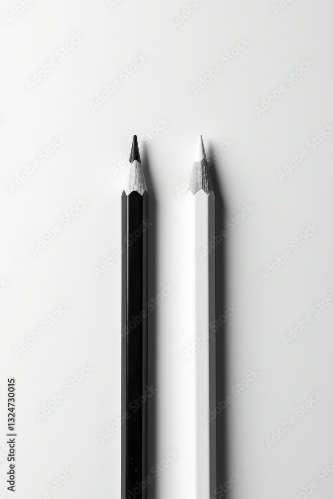 High-contrast top view of a pair of black and white pencils High-contrast top view of a pair of black and white pencils