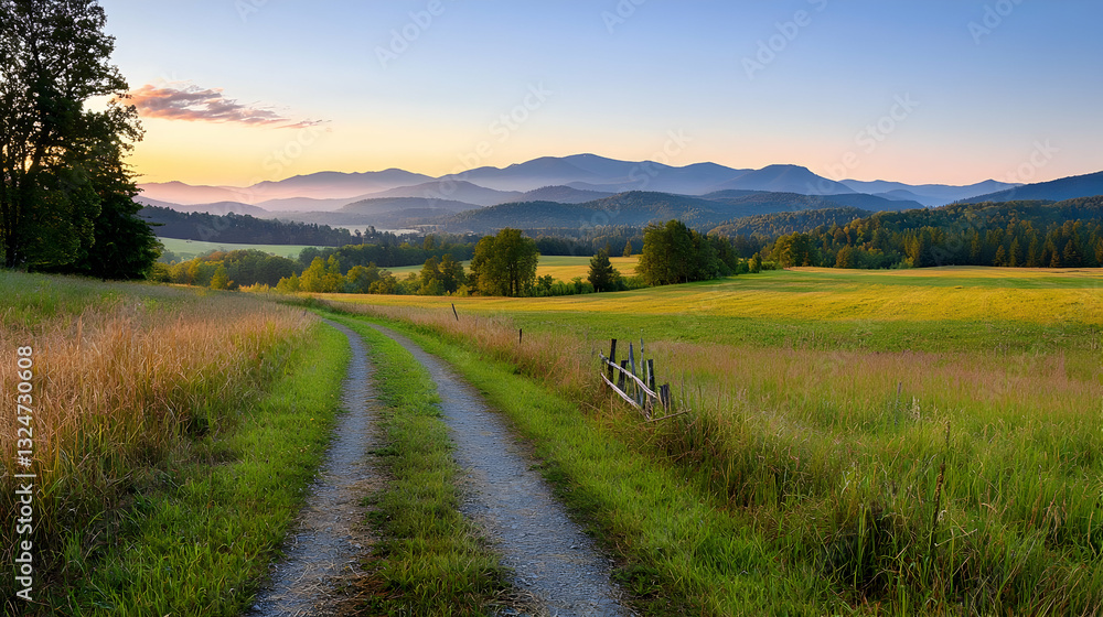 Fototapeta premium Scenic Landscape with Dirt Road Through Green Field and Yellow Flowers Under Sunset Sky