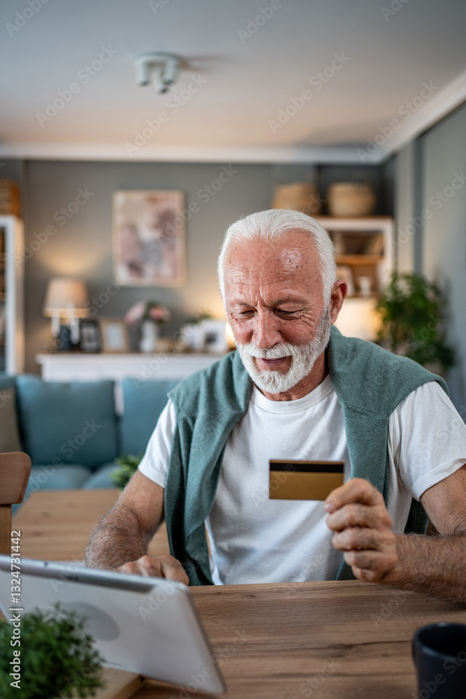 Senior man using tablet and credit card for online shopping at home Senior man using tablet and credit card for online shopping at home