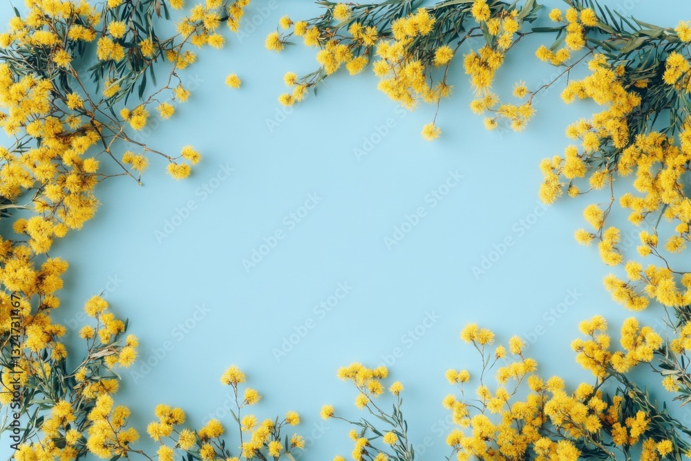 Blank square card on a pastel blue background with mimosa flowers, top view Blank square card on a pastel blue background with mimosa flowers, top view