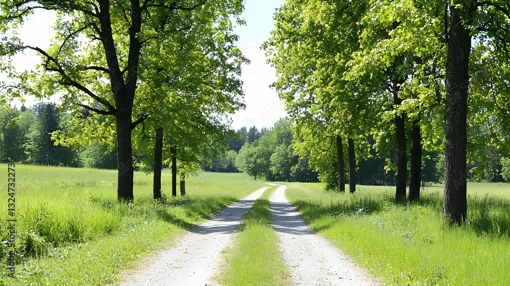 Scenic Dirt Road Through Lush Green Field with Towering Trees Under Bright Sunny Sky Scenic Dirt Road Through Lush Green Field with Towering Trees Under Bright Sunny Sky