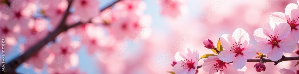 Delicate pink cherry blossoms frame a blooming tree, spring border , pastel, background Delicate pink cherry blossoms frame a blooming tree, spring border , pastel, background