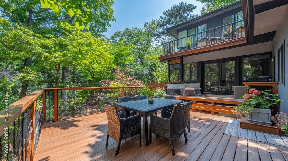 Fototapeta premium A modern home with a beautiful deck overlooking green trees