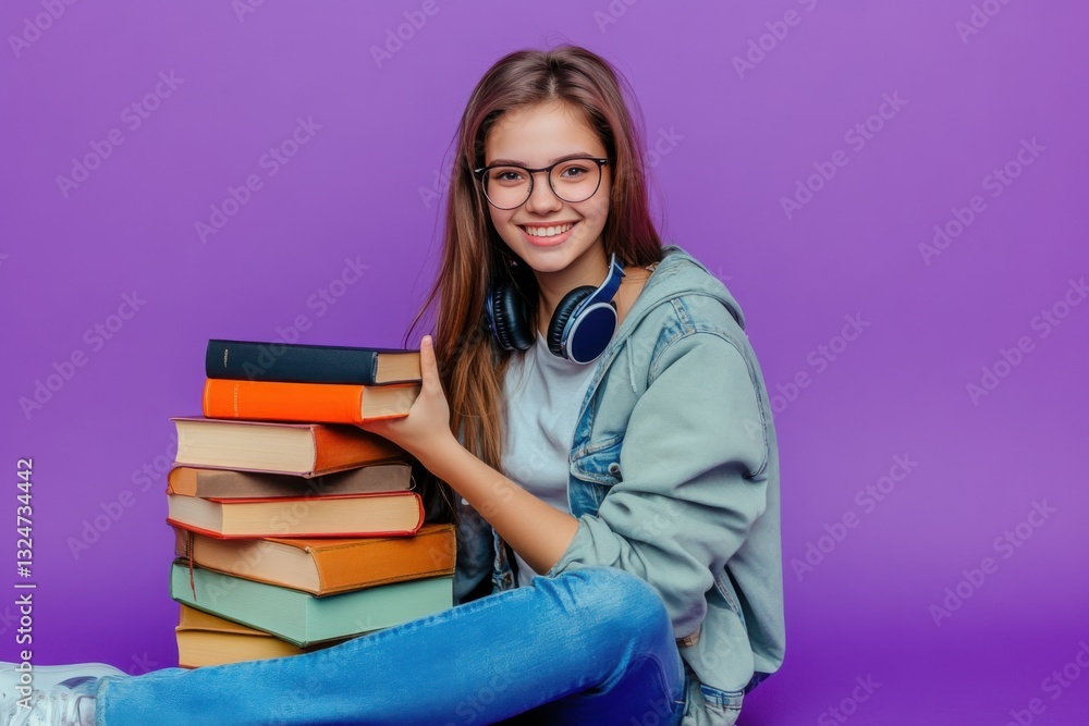 a happy, smiling young woman student sitting on the floor with a stack of books, isolated against a purple background a happy, smiling young woman student sitting on the floor with a stack of books, isolated against a purple background