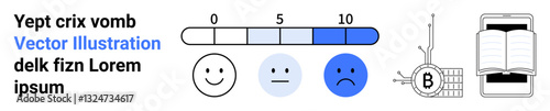 Emotion scale from 0-10 with three emotion faces happy, neutral, sad , Bitcoin symbol with circuit, book open on mobile screen, blue gradient fill. Ideal for educational content, cryptocurrency