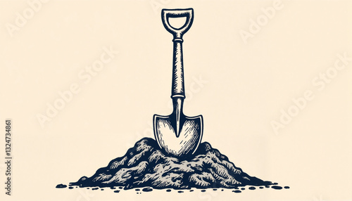 Vintage sketch of shovel in soil, monochrome art concept