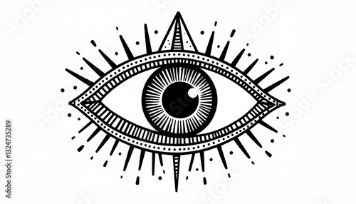 Bold black ink third eye illustration with sacred geometry, spiritual symbolism