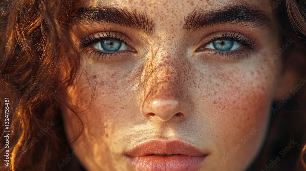 Fototapeta premium A young woman is illuminated by warm, golden hour sunlight, showcasing her vibrant blue eyes and prominent freckles against a softly blurred background