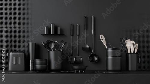 Elegant monochrome kitchen utensil setup with subtle textures and gradients.