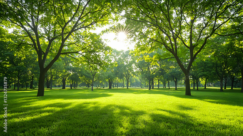 Lush Green Park Landscape Under Sunlight Through Tree Canopy Creating Shady Areas and Bright Rays Lush Green Park Landscape Under Sunlight Through Tree Canopy Creating Shady Areas and Bright Rays