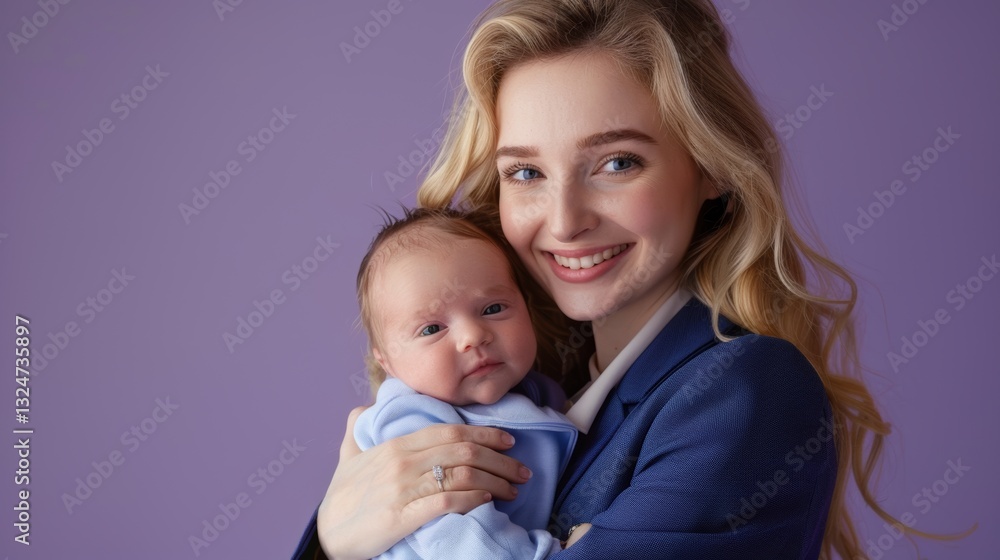 Beautiful Blonde Mother Holding Cute Newborn Baby Smiling with Softbox Lighting on Purple Background Beautiful Blonde Mother Holding Cute Newborn Baby Smiling with Softbox Lighting on Purple Background