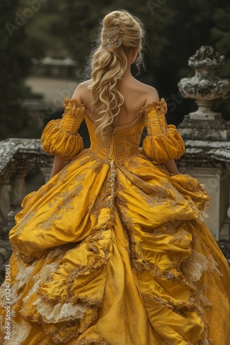 Beautiful Blonde Lady Running in Gardens with Large Yellow Dress from Behind