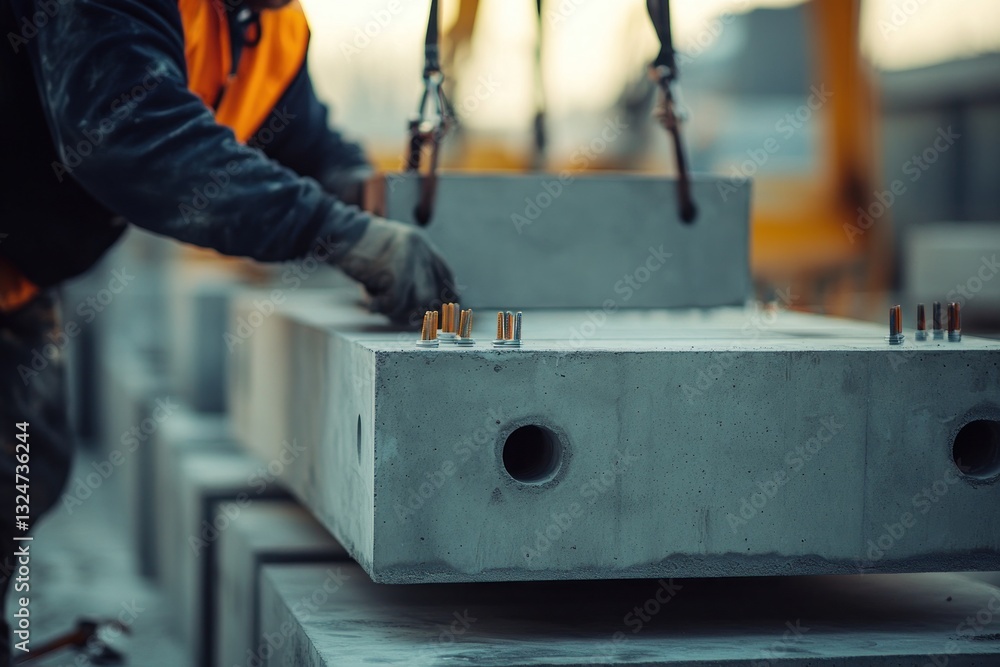Worker Placing Concrete Blocks at Construction Site Worker Placing Concrete Blocks at Construction Site