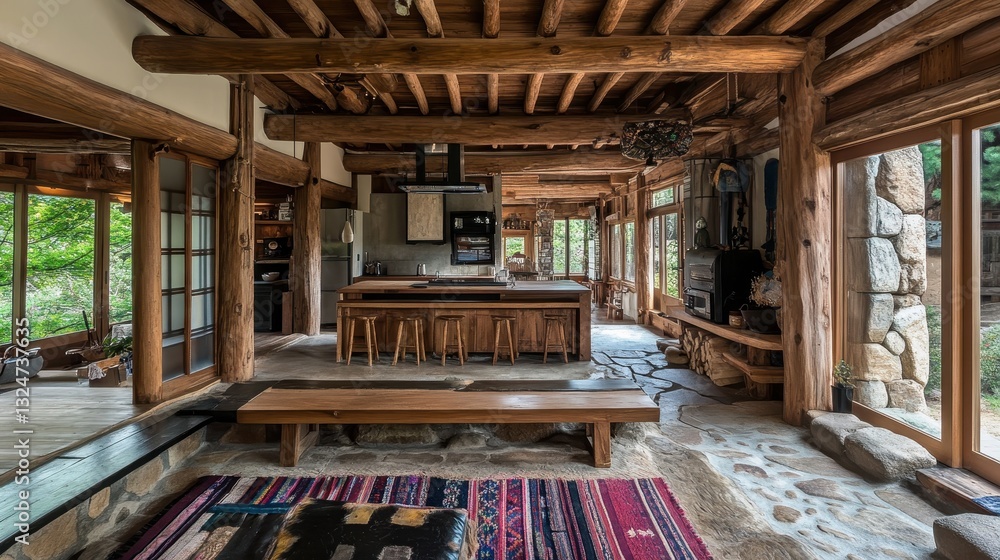 A rustic and spacious interior of a home with natural elements A rustic and spacious interior of a home with natural elements