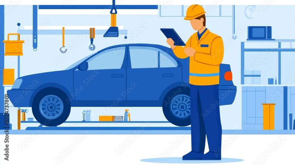 Mechanic inspecting a car in a well-equipped garage with tool and equipment visible Mechanic inspecting a car in a well-equipped garage with tool and equipment visible