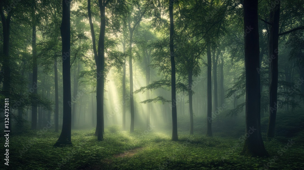 Obraz premium Misty Forest Sunlight Path