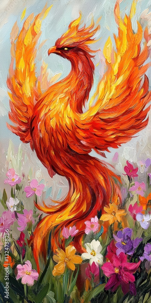 Obraz premium A vibrant phoenix rises amidst colorful flowers, symbolizing rebirth and beauty in a fantastical, vivid landscape.