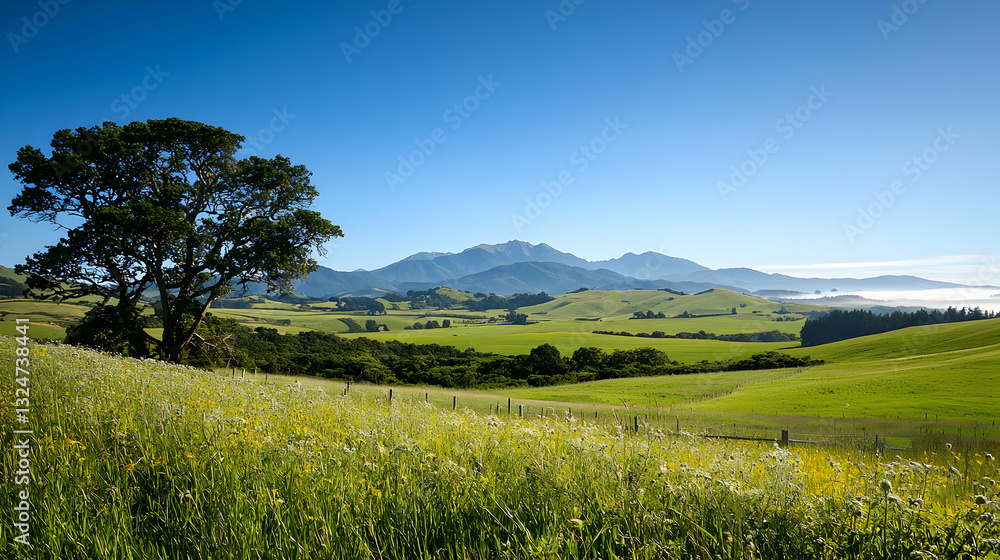 Expansive Green Landscape with a lone Tree under a Clear Blue Sky and distant Mountains Expansive Green Landscape with a lone Tree under a Clear Blue Sky and distant Mountains