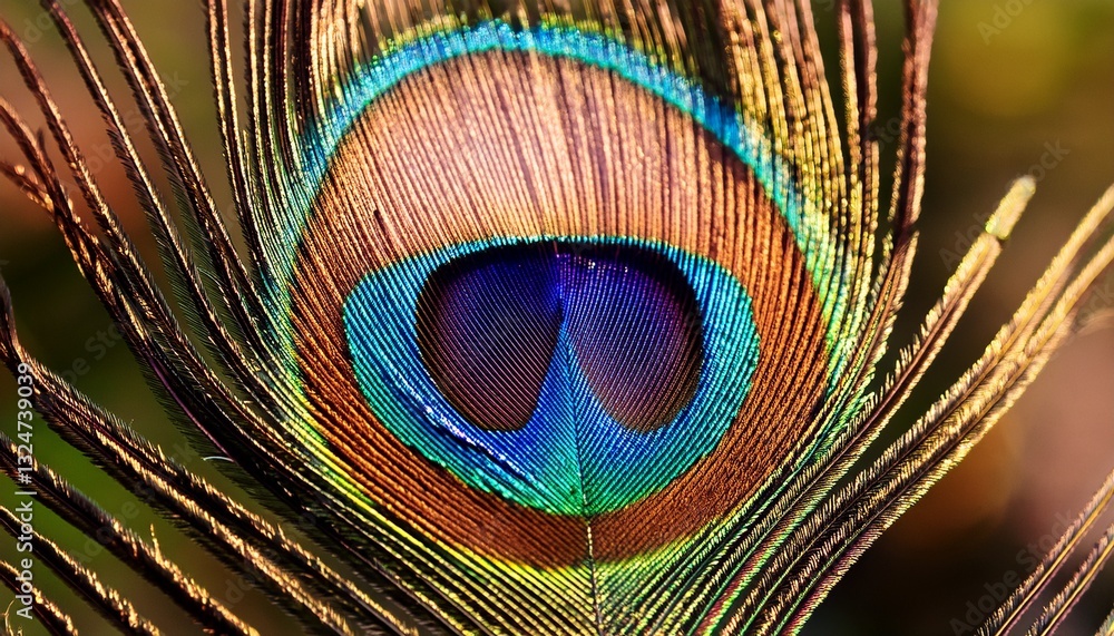 Obraz premium Majestic peacock feather; colorful artistic image; closeup macro shot 