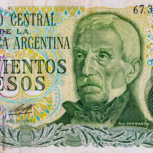 Banknote of 500 pesos of Argentina with a portrait of General San Martin. Vintage paper money of Argentina. Fragment of a banknote for design. photo