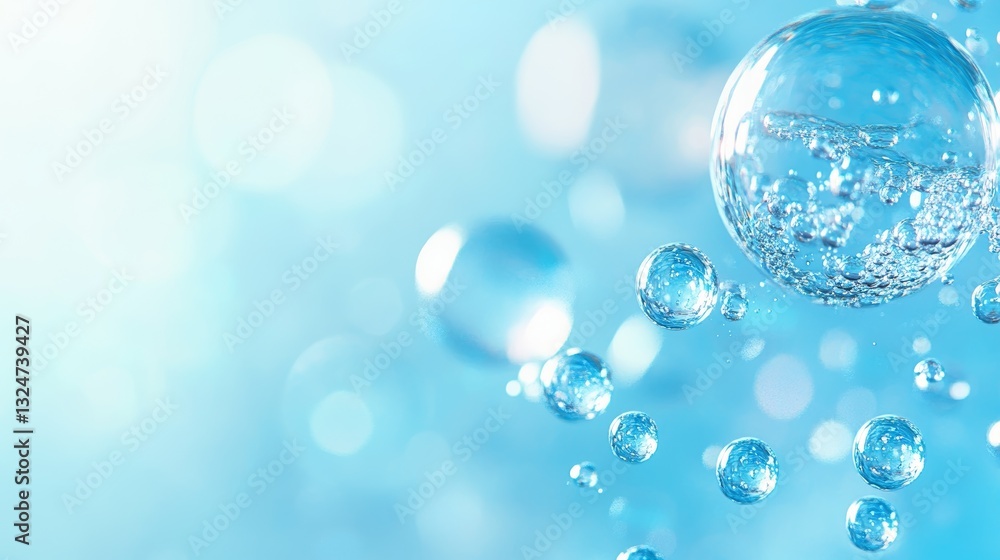 Blue Background With Water Bubbles Floating in Clear Liquid Highlighting Freshness and Purity in Abstract Design Blue Background With Water Bubbles Floating in Clear Liquid Highlighting Freshness and Purity in Abstract Design