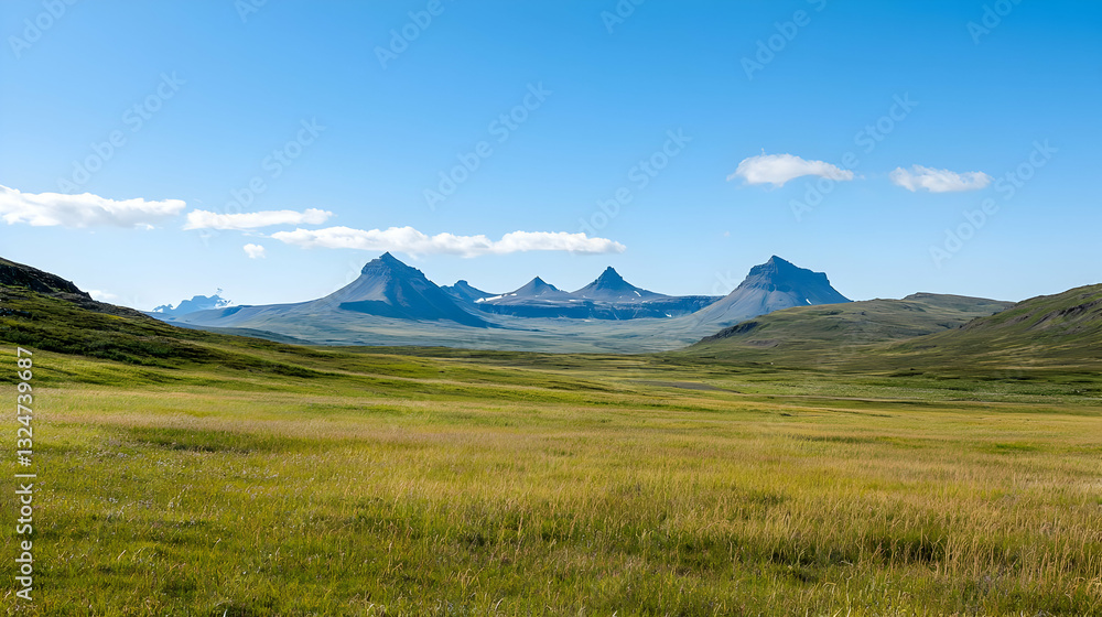Fototapeta premium Expansive Landscape Featuring Mountains Blue Sky Green Field and Daylight