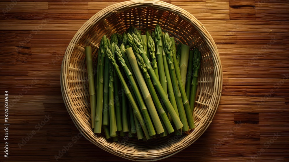 Asparagus in a basket isolate. Fresh green asparagus ingredient culinary. Useful properties of asparagus. Healthy nutrition, vitamins, vegetables.