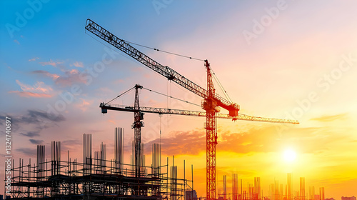 Construction Site With Cranes Silhouetted Against Colorful Sunset Sky With Orange And Blue Colors