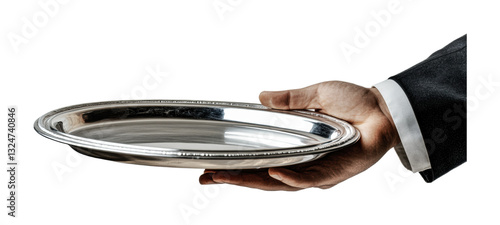 Male hand holding elegant silver platter in formal suit, cut out