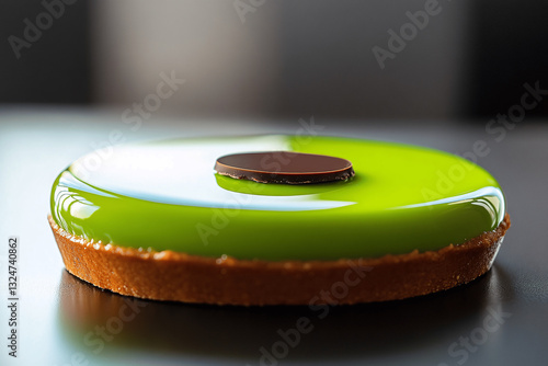 Elegant Swiss Carac Tart with Glossy Green Glaze and Chocolate Center