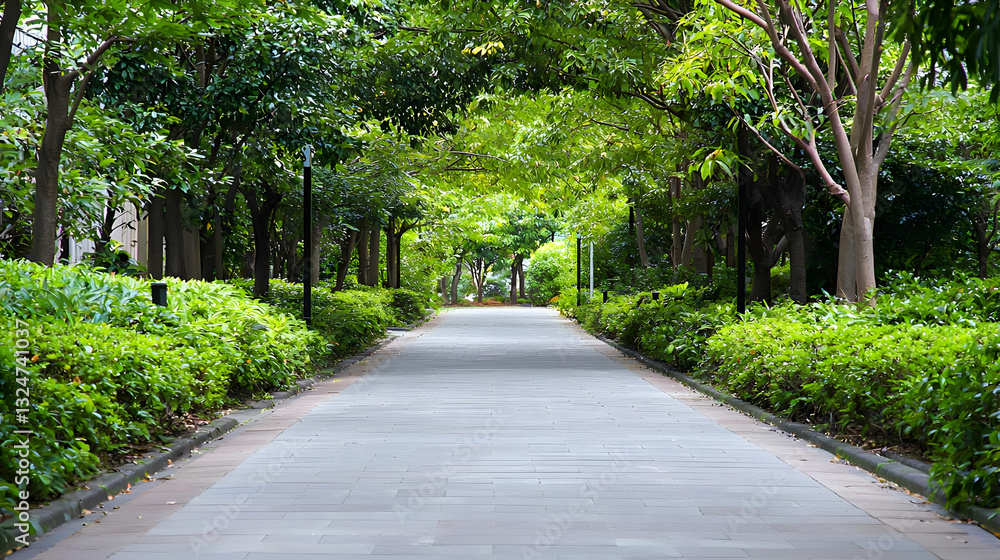 Stone Pathway Through Lush Green Trees in a Peaceful Park Setting with Bright Sunlight