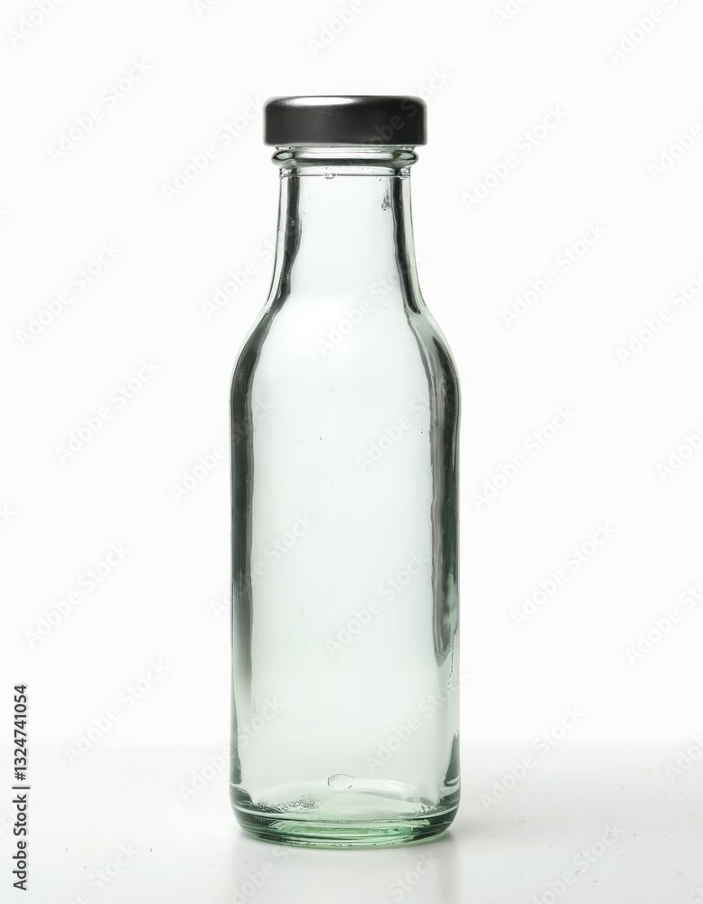 Clear glass bottle with silver cap stands isolated on white background. Empty transparent container is for oil, vinegar or seasoning. Kitchen glassware food packaging mockup product photography. Clear glass bottle with silver cap stands isolated on white background. Empty transparent container is for oil, vinegar or seasoning. Kitchen glassware food packaging mockup product photography.