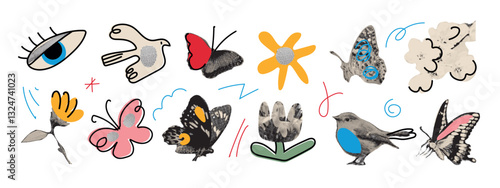 Flowers halftone art collage cutout set. Retro grunge mixed-media vector illustration. Paper clipping shapes featuring spring floral stickers, torn paper, butterflies, birds, doodles