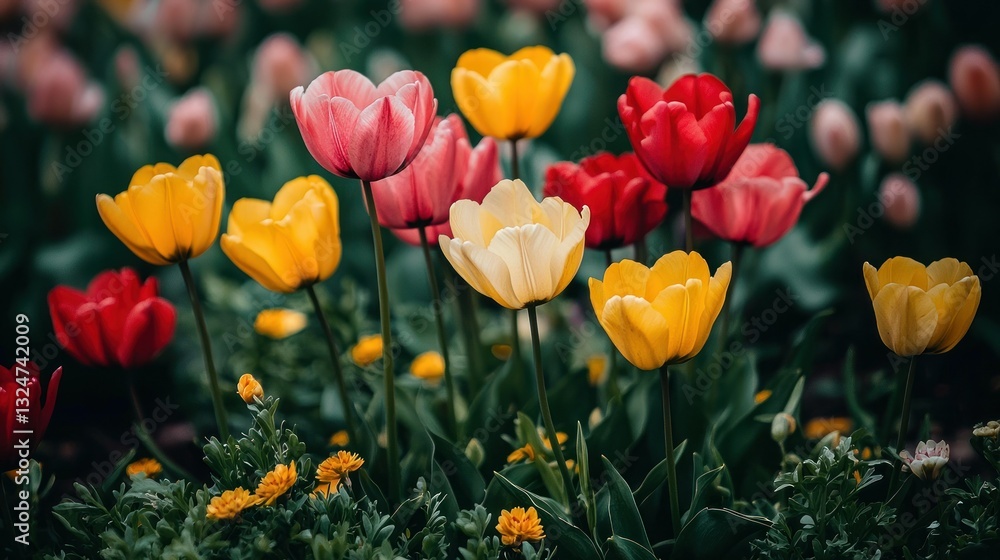 Fototapeta premium Vibrant tulips in bloom, spring garden, soft focus background