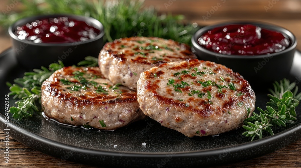 Crispy Meat Patties with Cranberry Sauce on Dark Plate Crispy Meat Patties with Cranberry Sauce on Dark Plate
