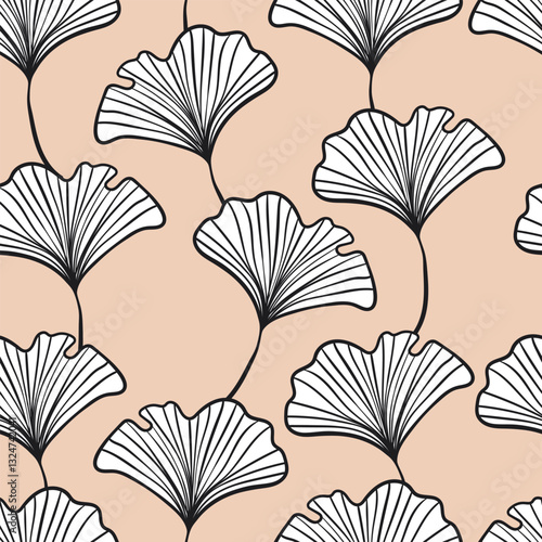 Seamless floral pattern with ginkgo biloba leaves. Art flowers on color background. Decorative sceleton leaf. Vector hand drawn illustration. Minimal linear style.