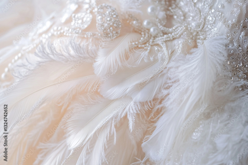 Fototapeta premium Delicate feathers and intricate embellishments on a glamorous gown at a bridal fitting in a well-lit studio