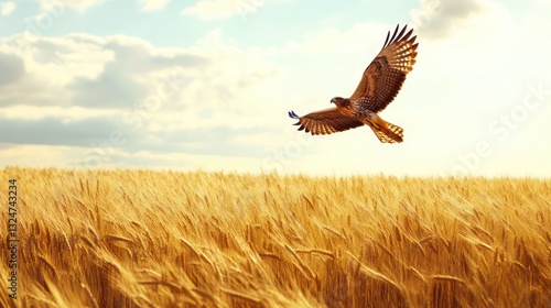 A magnificent bird soaring above a golden wheat field on a sunny day
