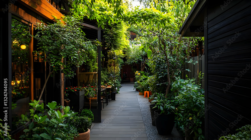 Green Pathway Lined With Potted Plants And Illuminated By Soft Warm Lighting In A Serene Garden Scene Green Pathway Lined With Potted Plants And Illuminated By Soft Warm Lighting In A Serene Garden Scene