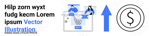 Teamworking on laptops, shopping cart, blue upward arrow, and dollar sign indicate growth, revenue, and e-commerce success. Ideal for online shopping, business growth, teamwork revenue increase