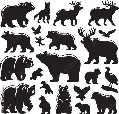 set of various bear silhouettes on the white background