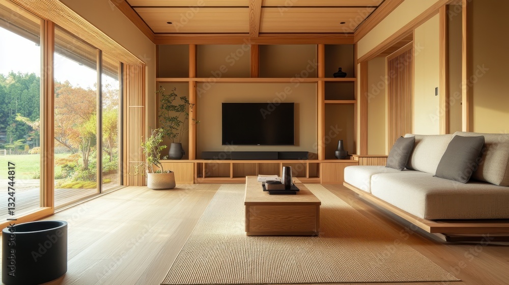 Fototapeta premium Modern minimalist interior of a tranquil living space with natural elements