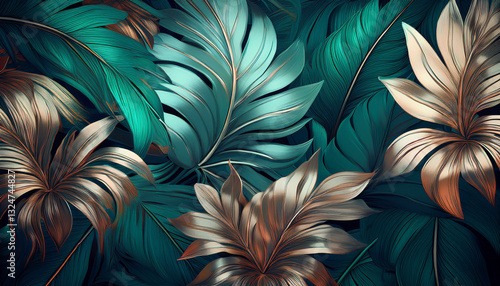 Wallpaper Mural Luxurious Metallic Tropical Leaves in Green and Gold Torontodigital.ca